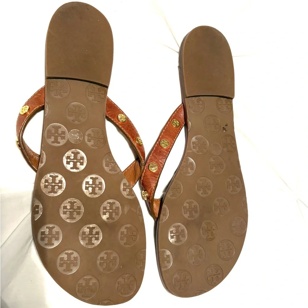 Tory Burch Leather Logo Thong Sandals with Gold Stud Accents